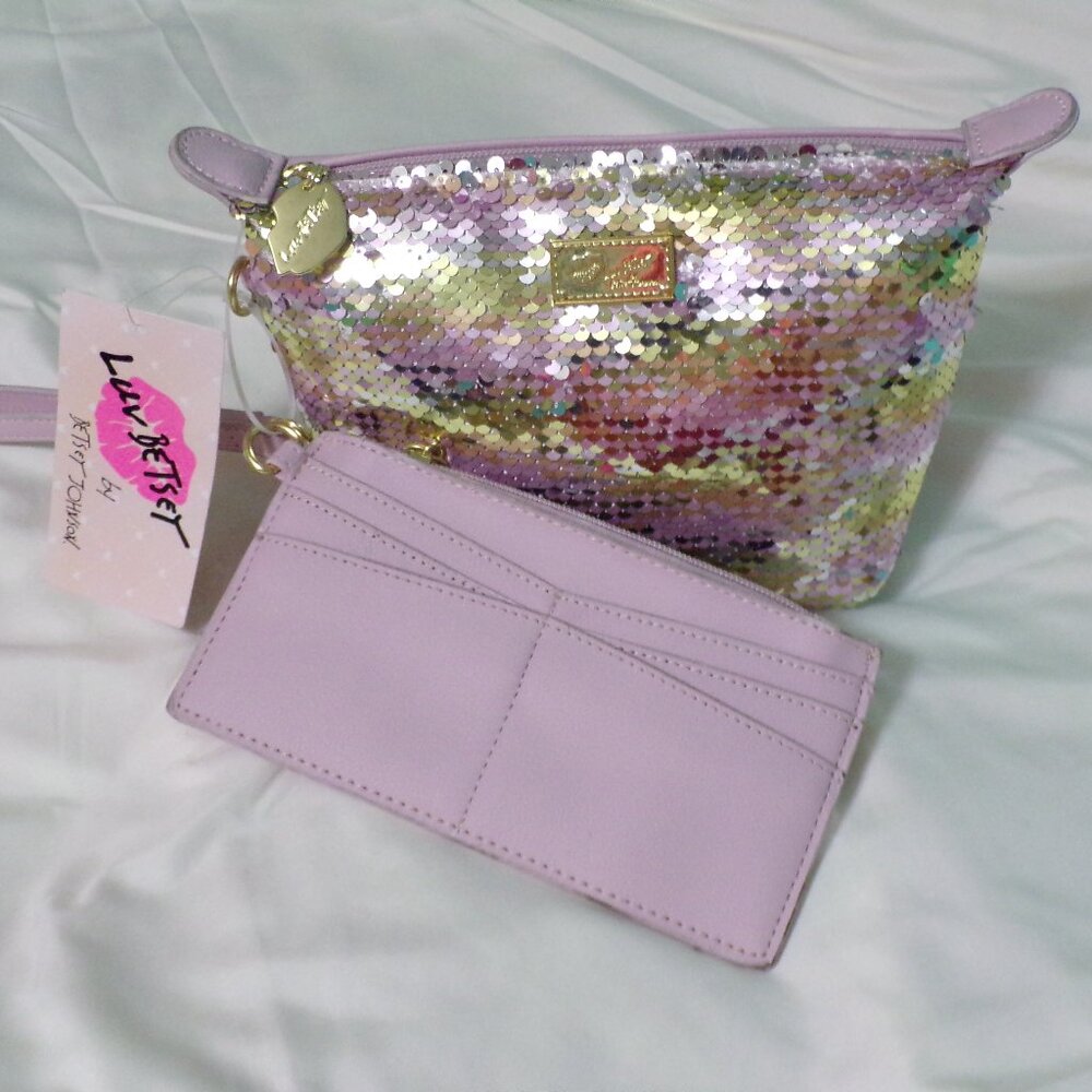 Betsey Johnson Pink sequin wristlet with card holder